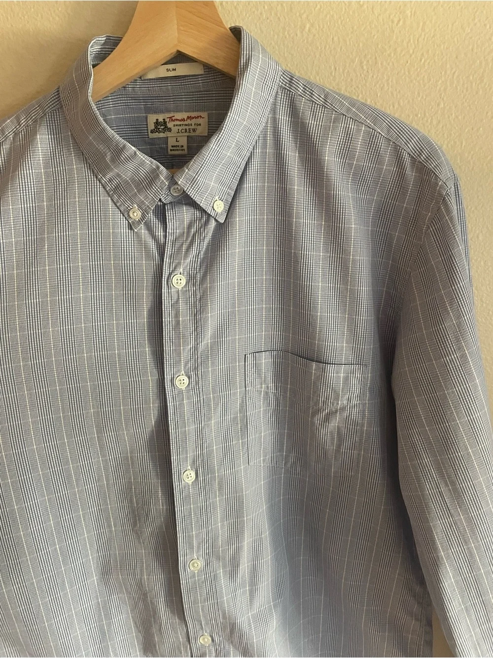 Thomas Mason J. Crew Slim Fit Light Blue and White Checked Slim Dress Shirt